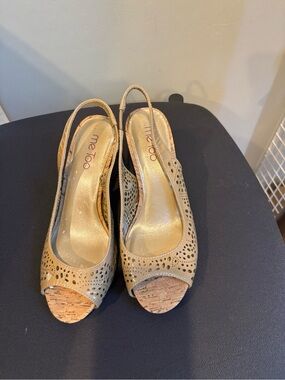 me too Tan Perforated Peep-Toe Cork Slingback Wedges
